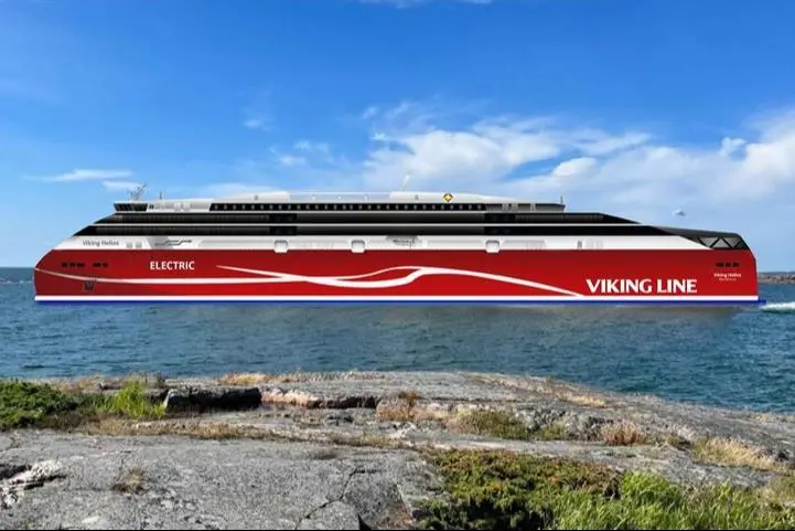 The image shows the Viking Line's future vision for ferry electrification - Helios