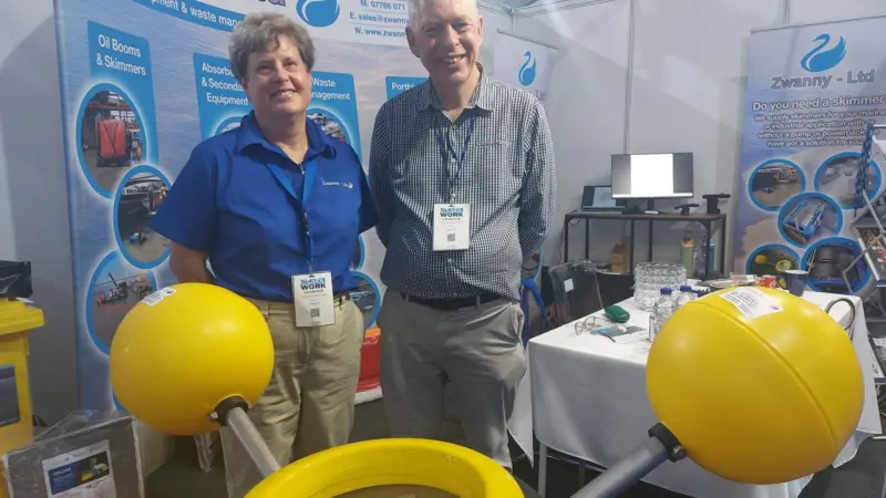 Marc van der Zwan, managing director and Helen van der Zwan, director of Zwanny Ltd with the Foilex micro weir skimmer pictured at Seawork
