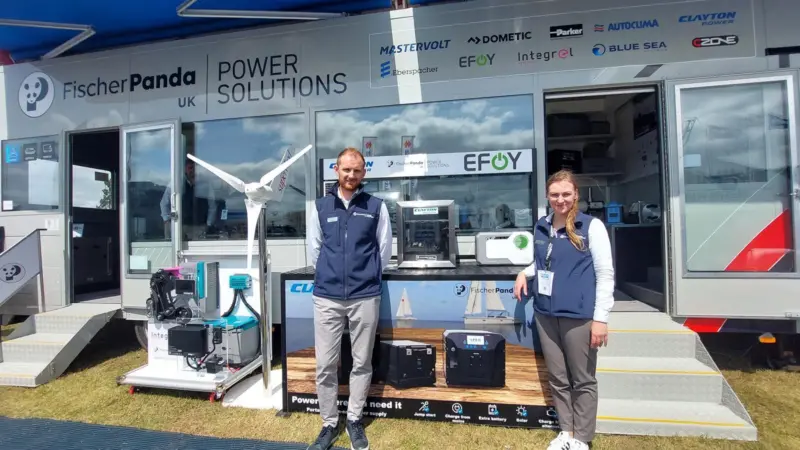 Chris Fower, sales and marketing director and Marjeta Samec, marketing executive at Fischer Panda UK on their stand at Seawork 2025