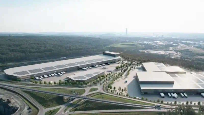 The image shows a conceptual rendering of Halvorsäng Logistics Park