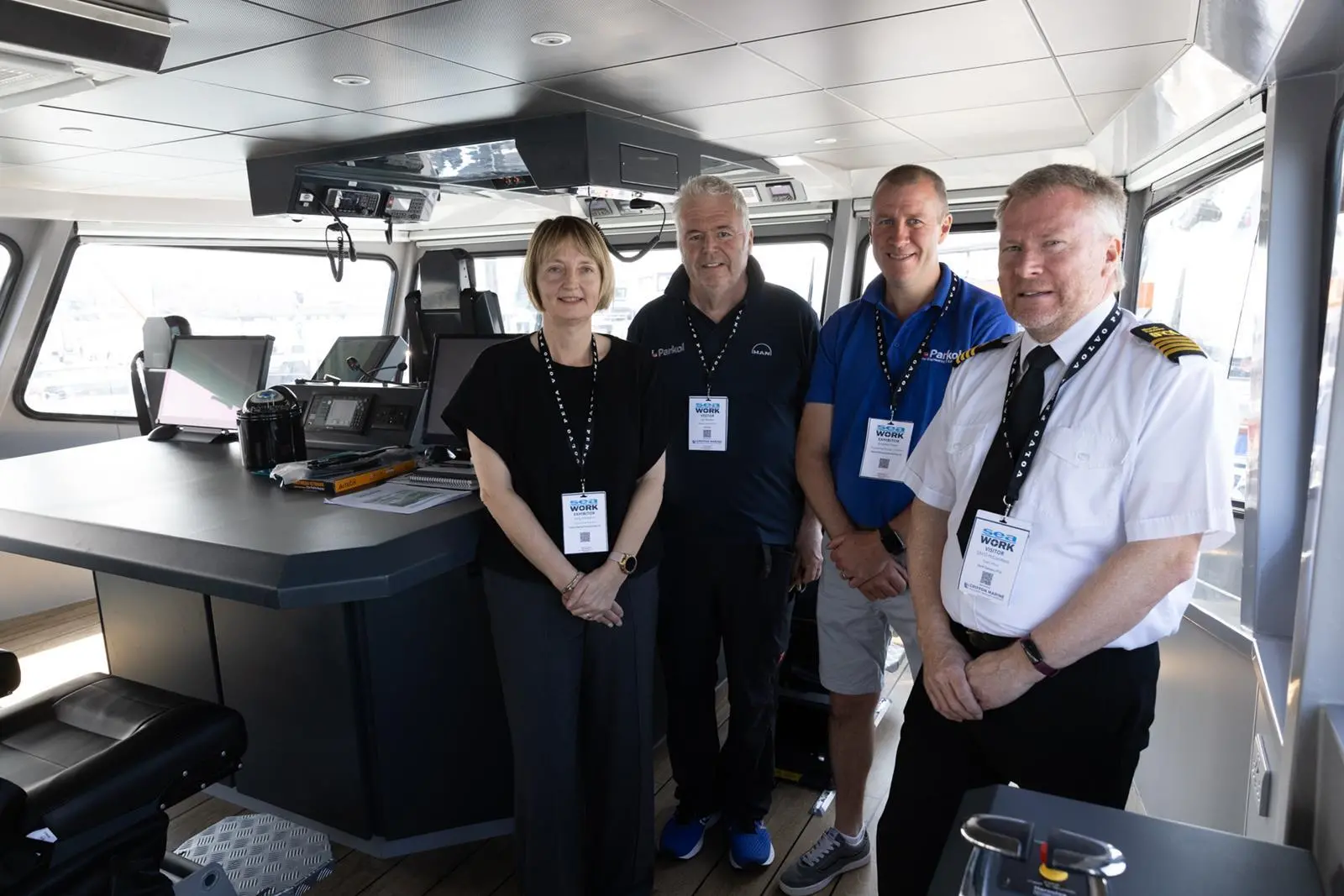 On the bridge From left, Sally Atkinson, Ship Master Ian Davies, Parkol Engineering manager Andrew Oliver, David McCandless