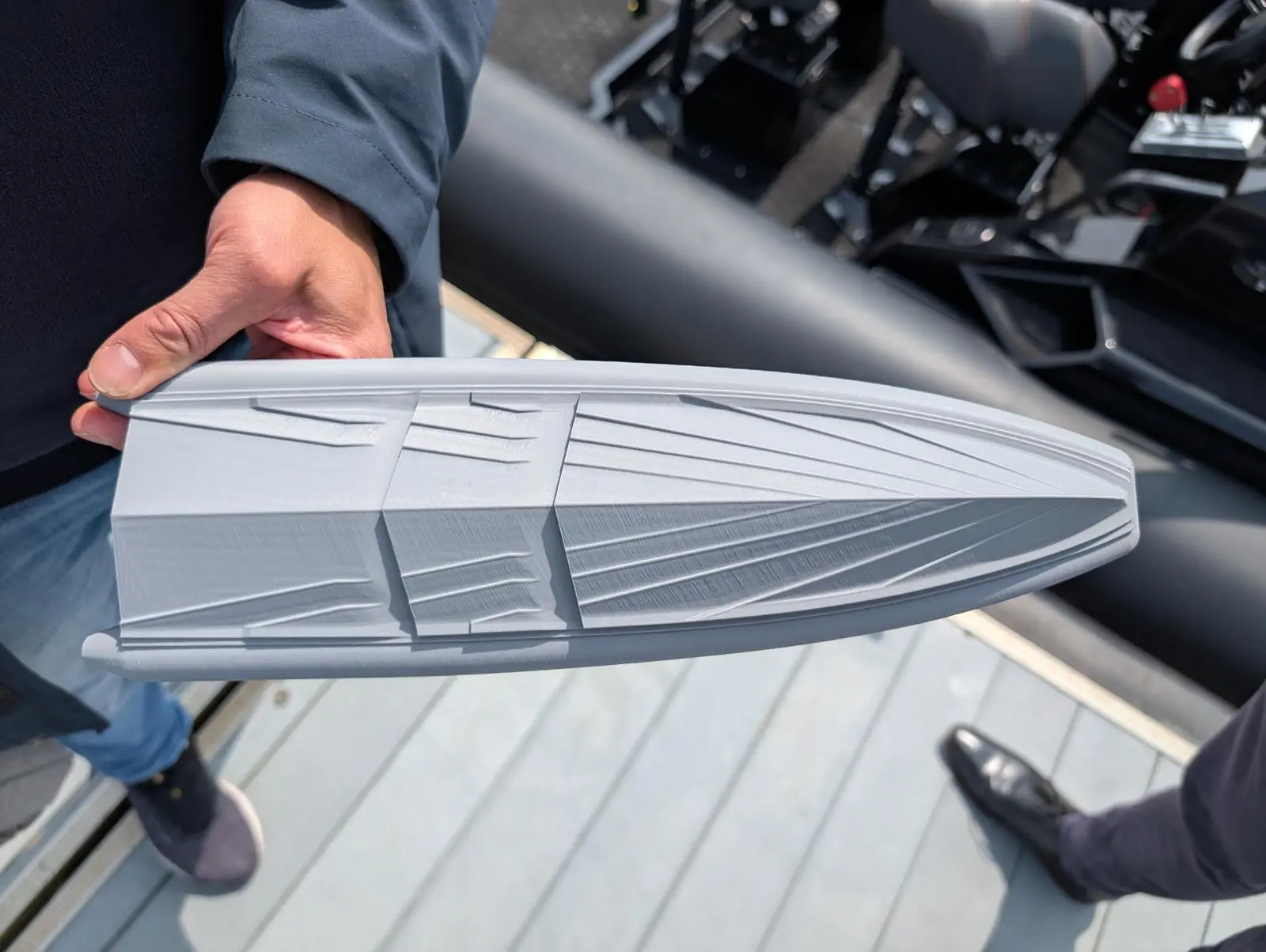 3D printed scale model of a Petestep hull with two transverse steps shows the diverging strakes that comprise the Petestep principle