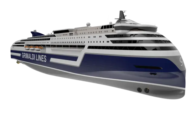 The image shows a render of the new design of RoPax ferry for Grimaldi Lines