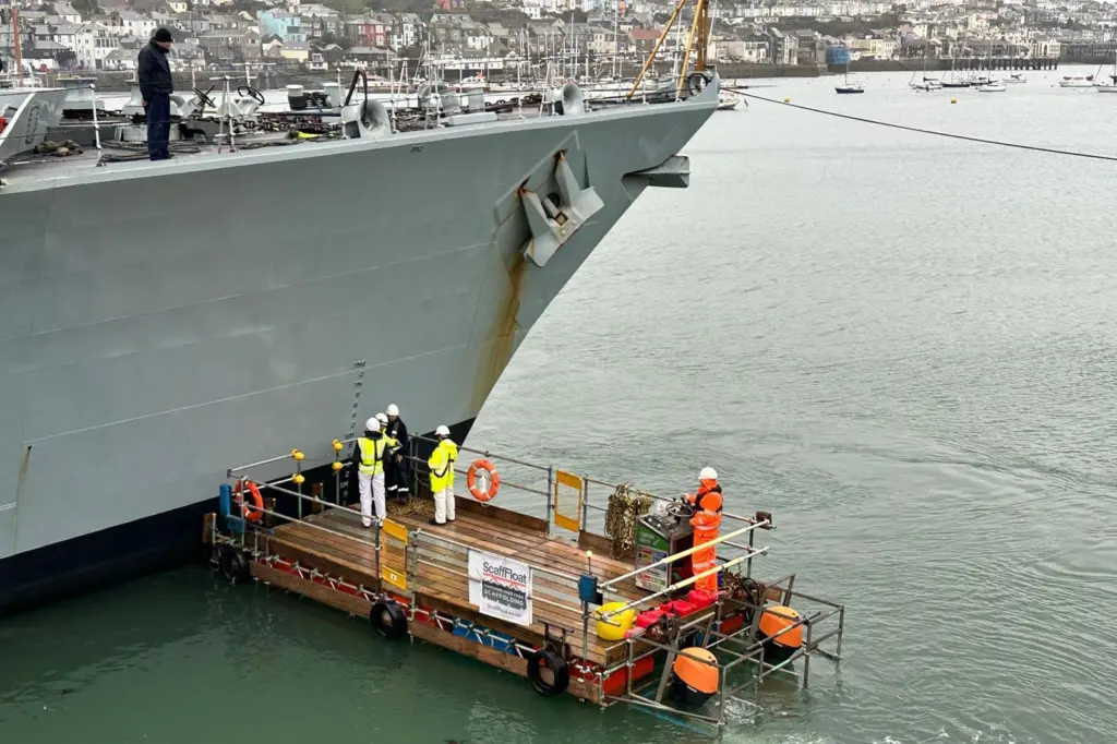 The image shows  ScaffFloat's floating platform inclination tests on two British Navy Frigates at A&P Falmouth