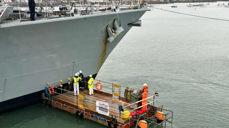 The image shows  ScaffFloat's floating platform inclination tests on two British Navy Frigates at A&P Falmouth