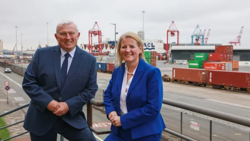 The image shows Susan Cloggie-Holden, pictured with Gary Doyle, at the Port of Liverpool