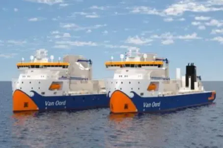 The image shows a render of the two new Van Oord subsea rock installation vessels