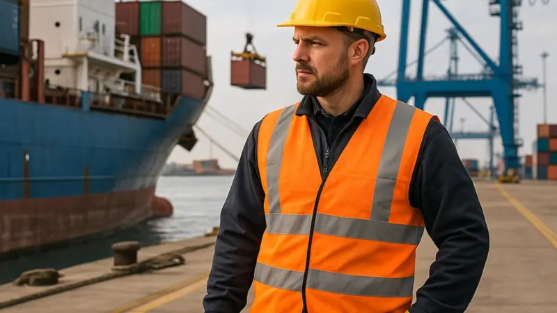 The image shows a AI generated image of a dockworker on the quayside with a ship in the banckground