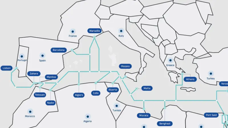The image shows the map of how the Medusa submarine cable system will connect Europe and North Africa