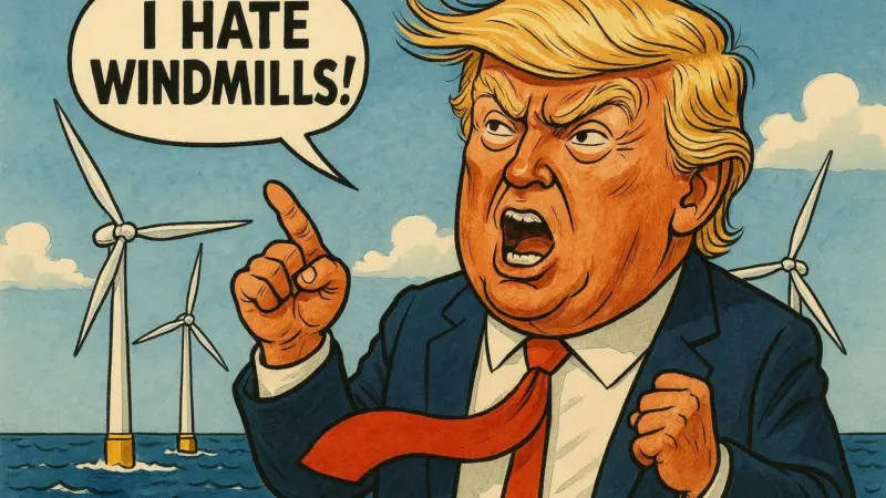 The image shows as AI generated (DALL·E) caricature of image with Trump in front of offshore wind turbines shouting he hastes windmills