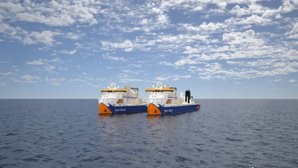 Render of two Van Oord subsea rock installation vessels