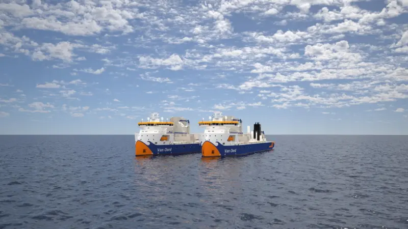 Render of two Van Oord subsea rock installation vessels
