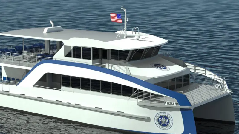 The image shows a render of Port Houston's new hybrid electric ferry