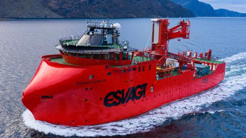 The image shows an Esvagt SOV on the water