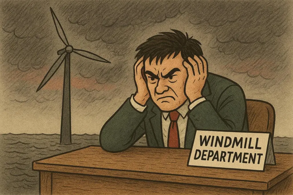 A cartoon depicting an angry man from the windmill department seated at his desk in front of an offshore wind turbine