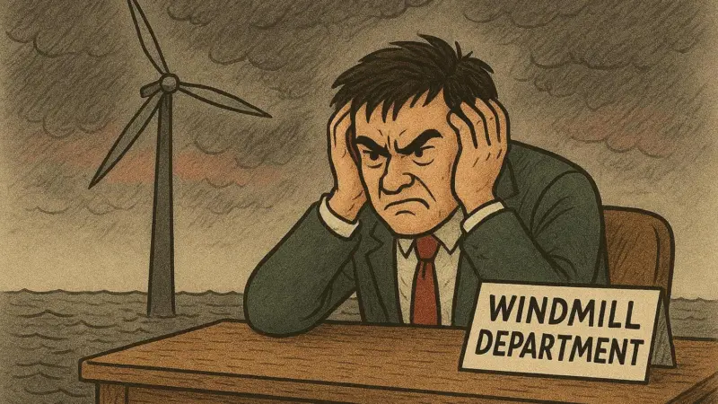 A cartoon depicting an angry man from the windmill department seated at his desk in front of an offshore wind turbine