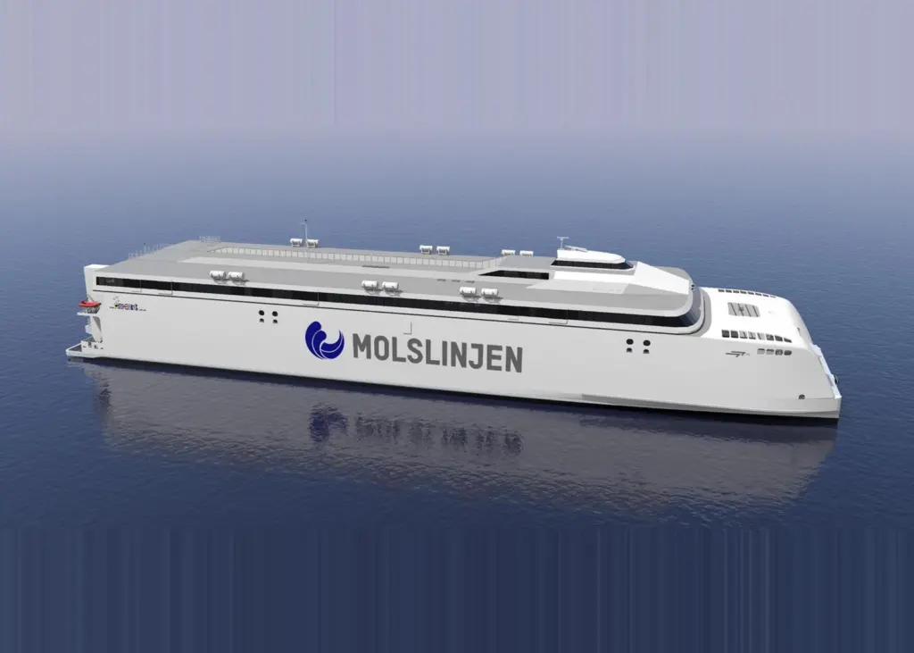 The image shows a render of the Molslinjen high-speed catamaran ferry
