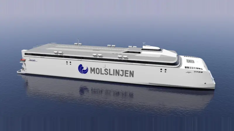 The image shows a render of the Molslinjen high-speed catamaran ferry