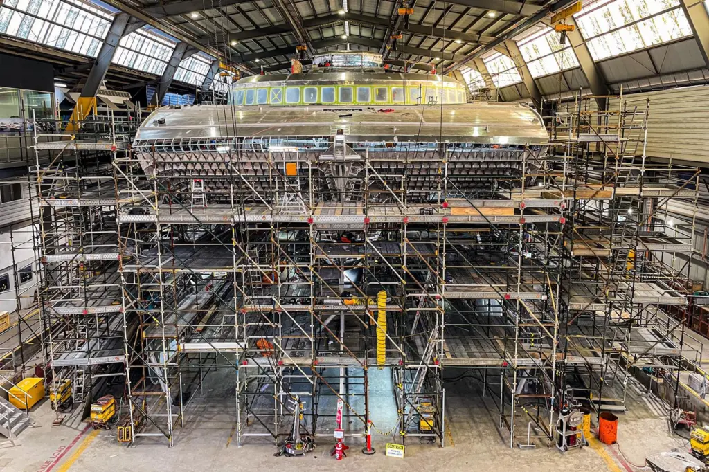 The image shows the Incat H100 ferry under construction