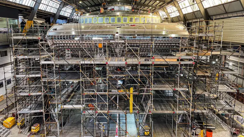The image shows the Incat H100 ferry under construction