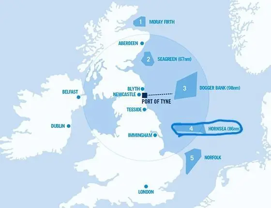 Port of Tyne proximity to various wind farms