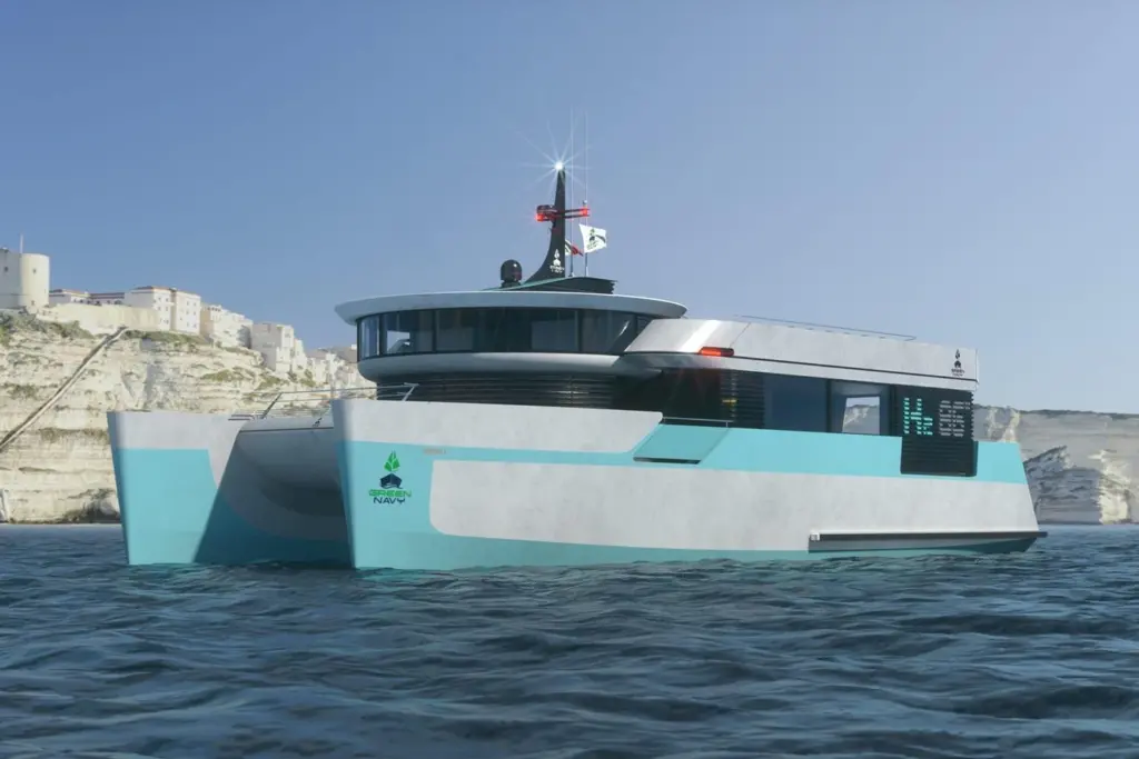 The image shows a SECO Marine catamaran built for Green Navy on the water