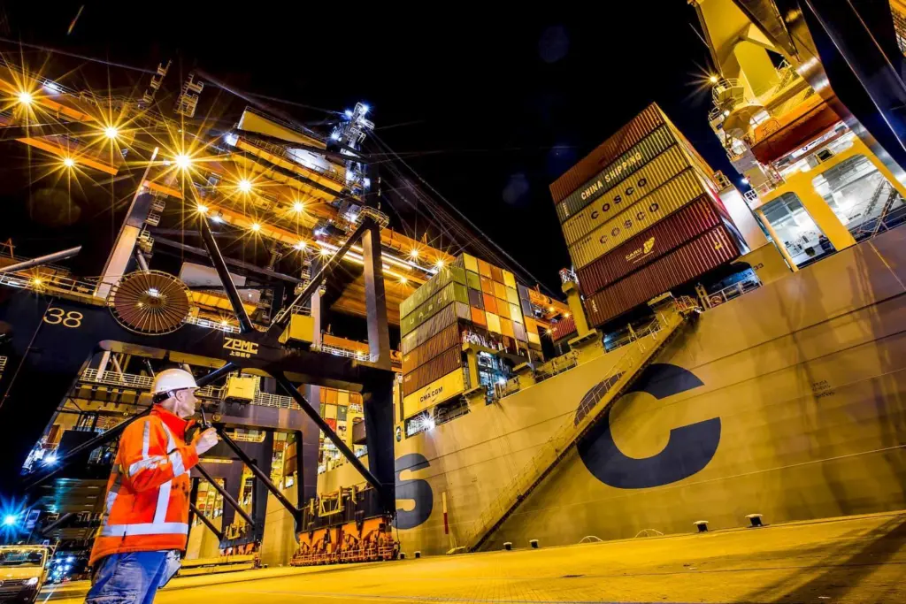 The image shows a container terminal on the quayside at Rotterdam