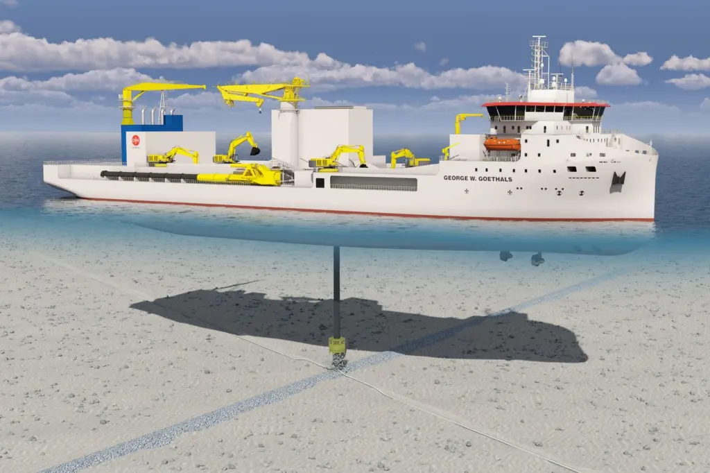 This 3D image shows the vessel installing rock on top of a subsea energy cable