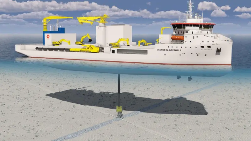 This 3D image shows the vessel installing rock on top of a subsea energy cable
