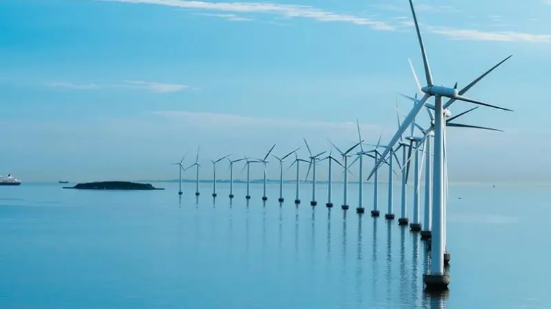 A picture of an offshore windfarm