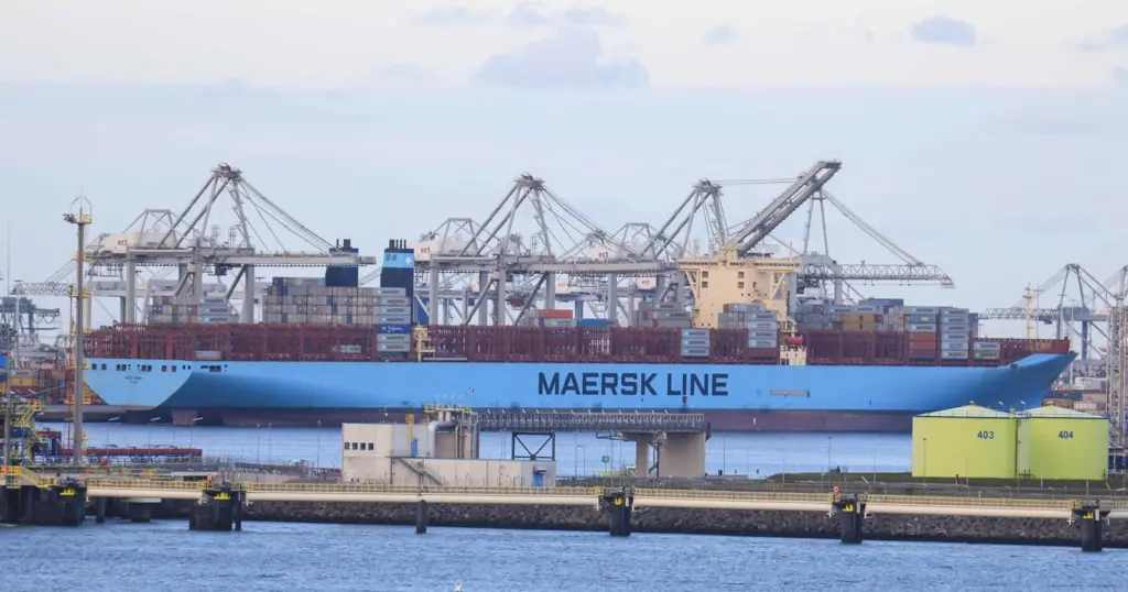 Pictured in Rotterdam, 'Marie Maersk' suffered a fire in its cargo while off Liberia (Peter Barker)
