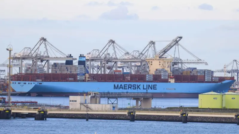 Pictured in Rotterdam, 'Marie Maersk' suffered a fire in its cargo while off Liberia (Peter Barker)