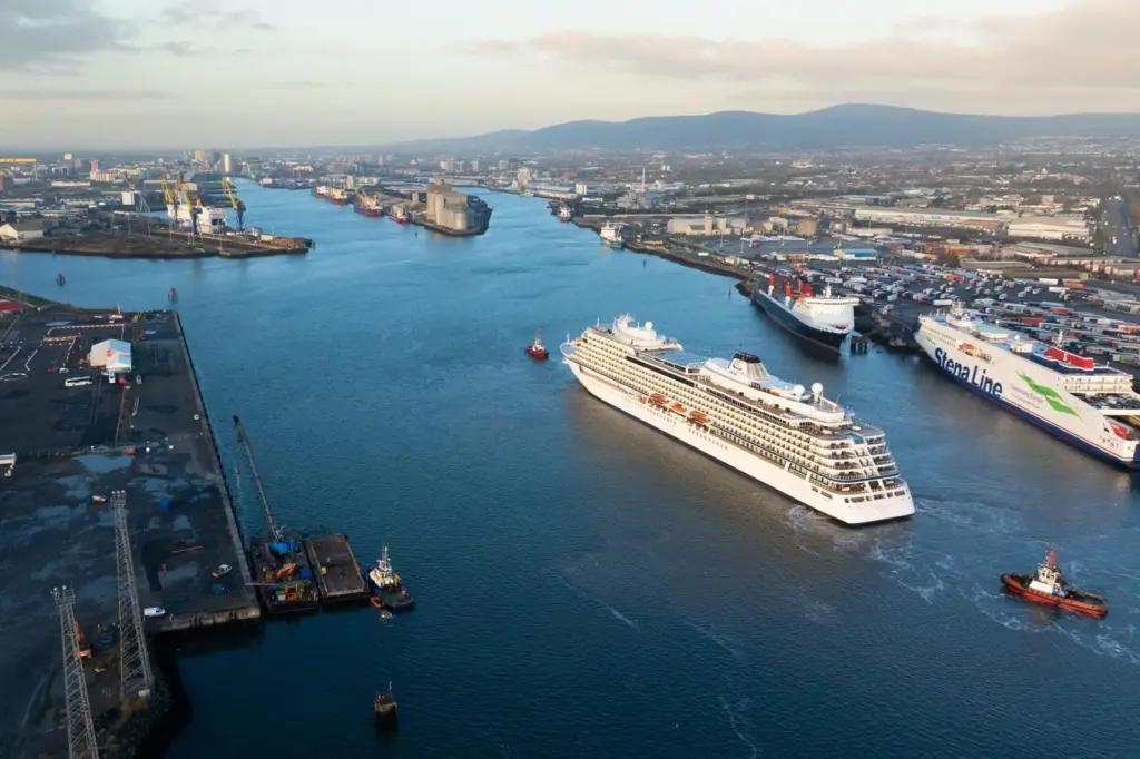 The image shows an aerial shot of Belfast Harbour