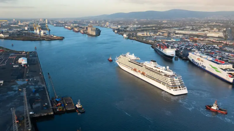 The image shows an aerial shot of Belfast Harbour