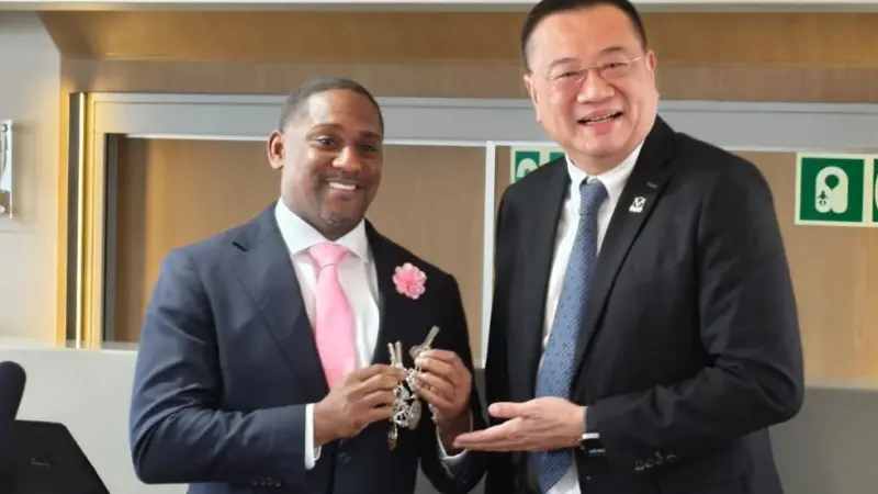 The Honourable Owen Darrell, Bermuda’s Minister of Tourism and Transport pictured during the handover with Strategic Marine