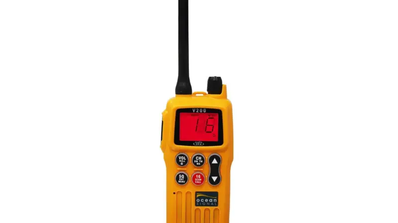The image shows a close up of the Ocean Signal safeSEA V200 GMDSS Survival Radio