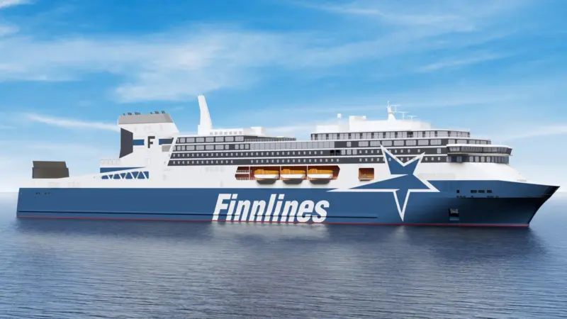 The image shows a render of the newbuild Finnline RoPax vessels
