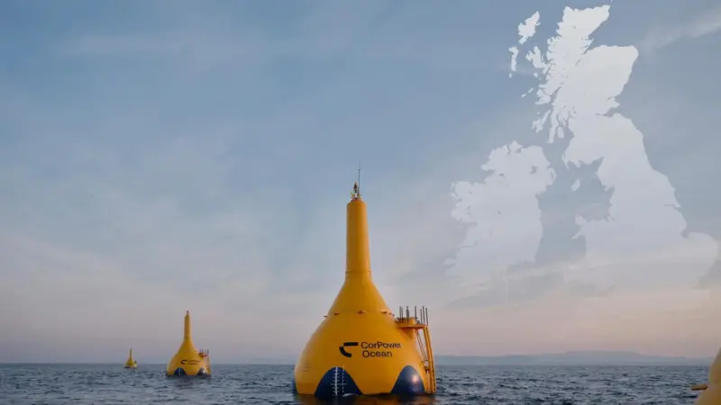 A still of the CorPower Ocean POWER-Farm at sea