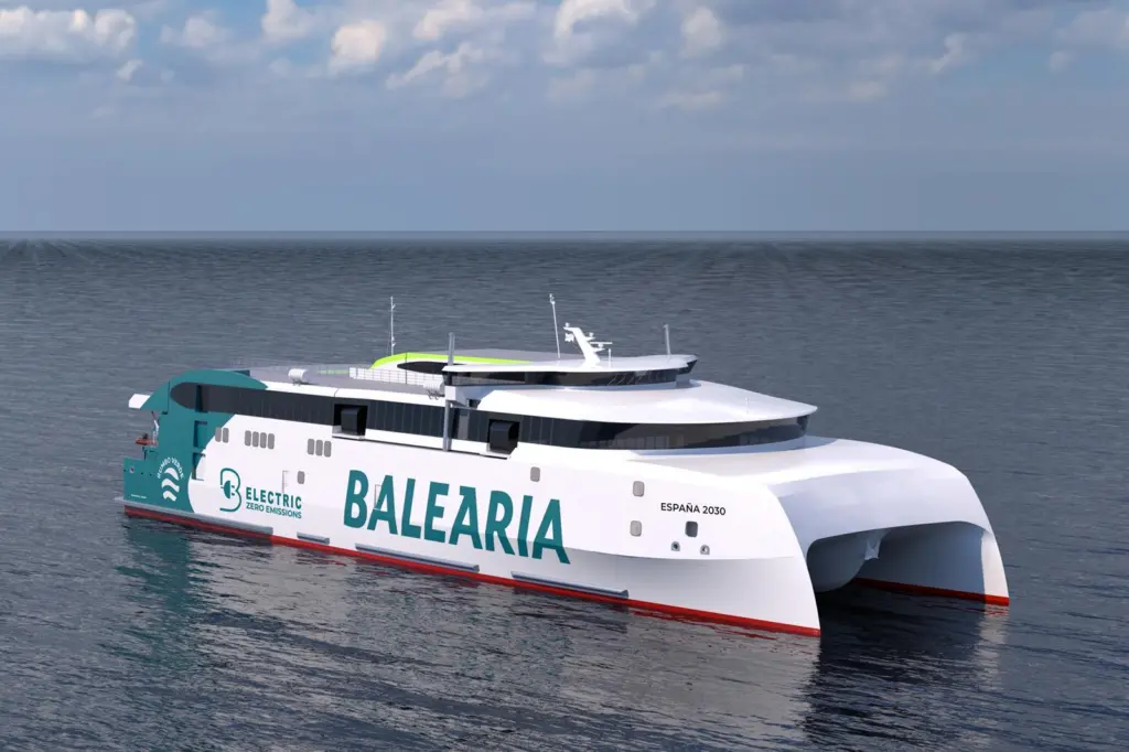 A close up render of Baleària’s new electric ferry