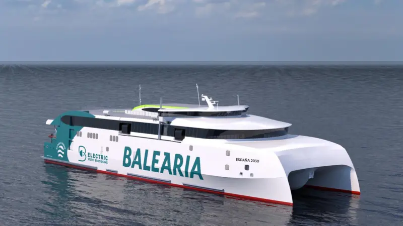 A close up render of Baleària’s new electric ferry