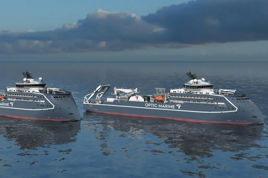 The image shows a render of the two new cable laying vessels for OMS