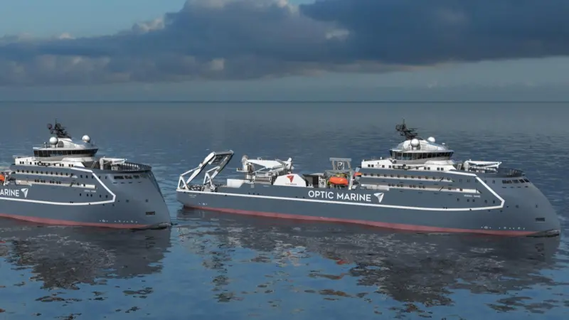 The image shows a render of the two new cable laying vessels for OMS