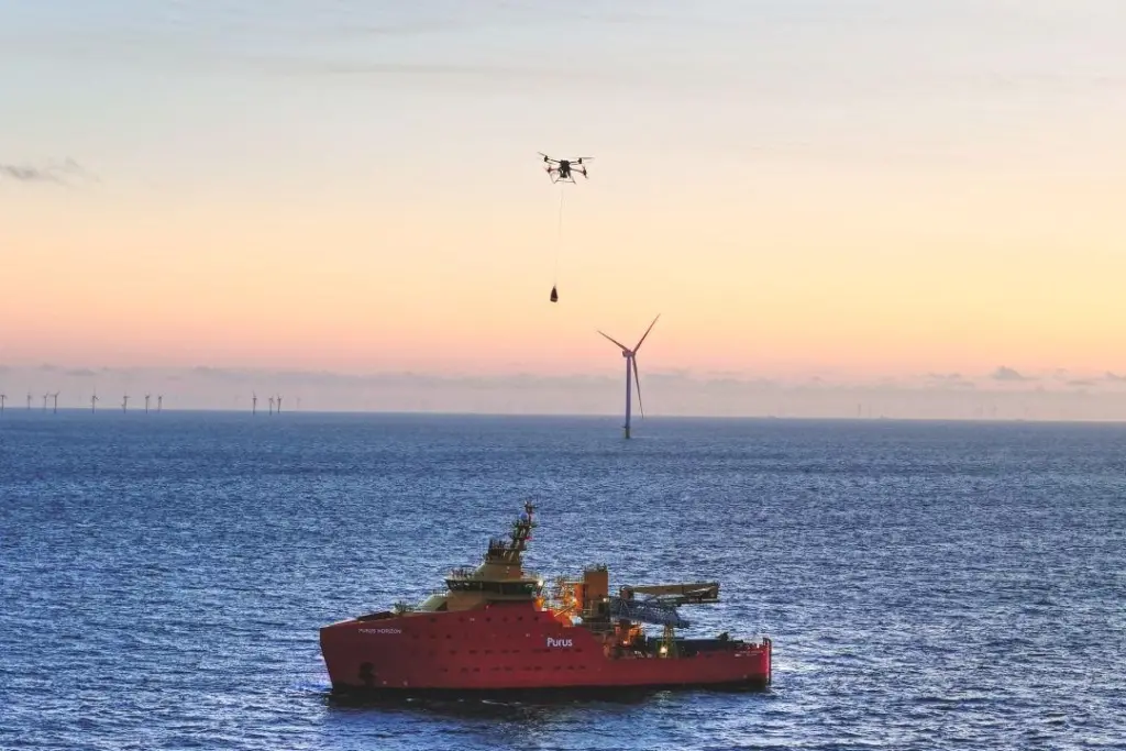 The image shows the drones delivering equipment to a turbine at Hollandse Kust Noord