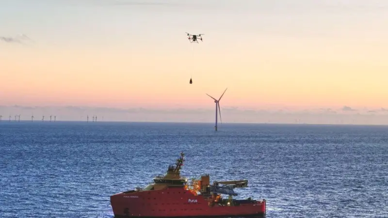 The image shows the drones delivering equipment to a turbine at Hollandse Kust Noord
