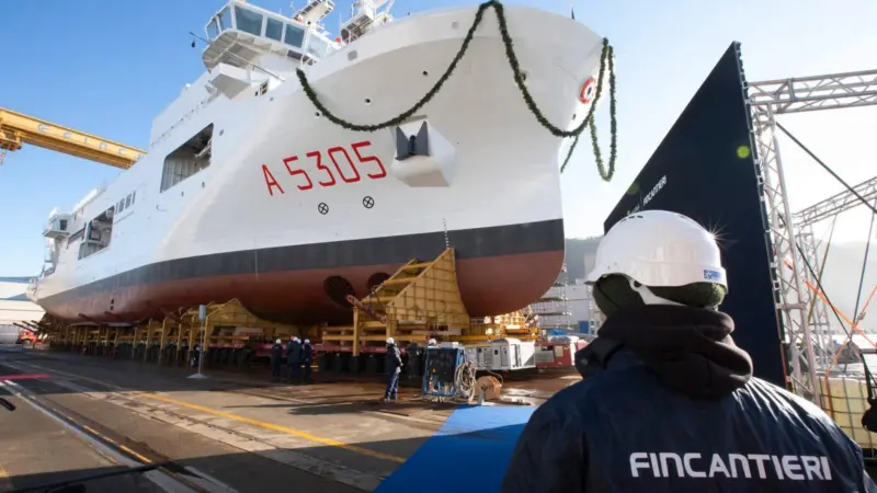 Major Hydro-Oceanographic Ship, 'Quirinale' with Fincantieri employee in the foreground