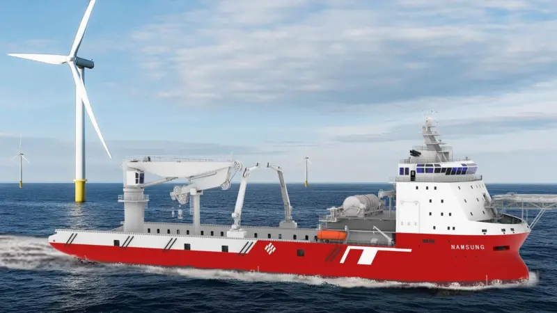 A render of the crane onboard the new floating wind farm construction vessel