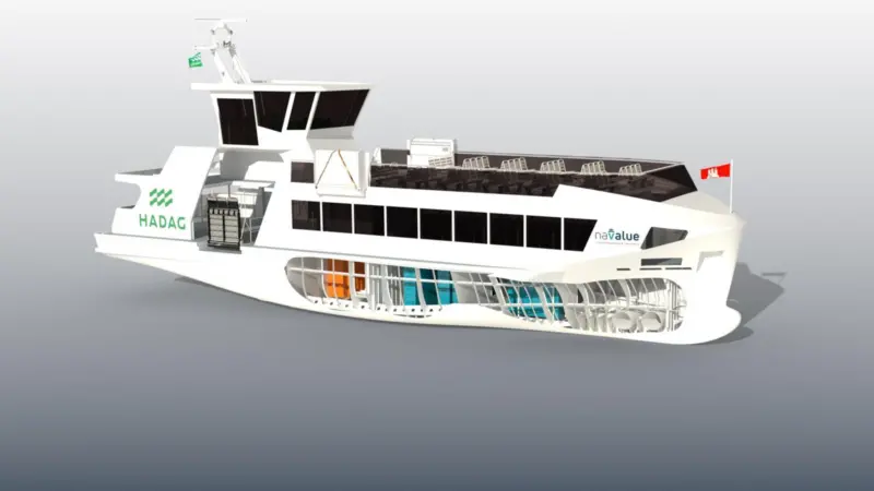 The image shows a render of the new HADAG Type 2030e ferry