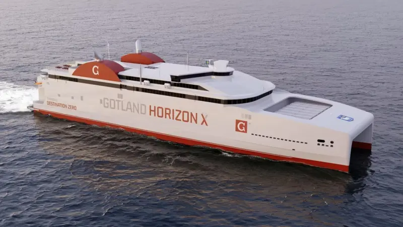 The image shows a render of the hydrogen-ready Horizon-X ferry