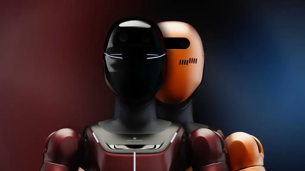 image of two robots, one with a welding mask
