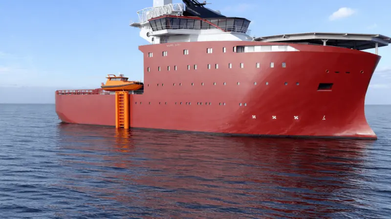The image shows a AI generated image of a ladder onboard a CSOV vessel
